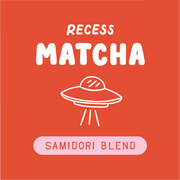Recess Matcha Samidori Blend packaging with a UFO illustration on an orange background