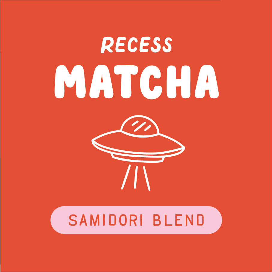 Recess Matcha Samidori Blend packaging with a UFO illustration on an orange background