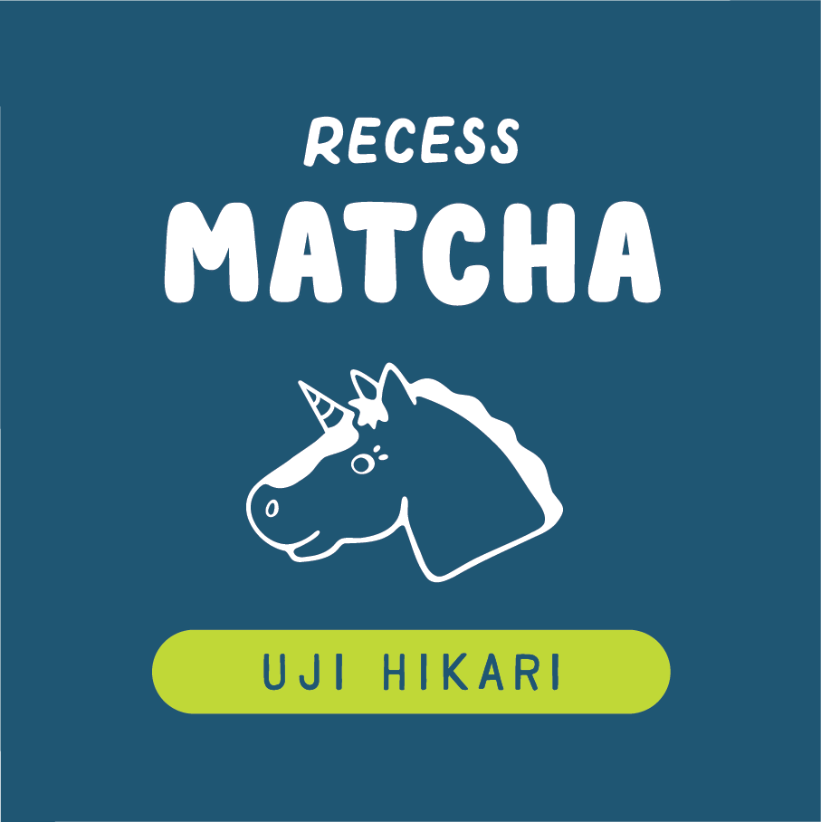 Recess Matcha logo with a unicorn icon and 'Uji Hikari' text on a blue background