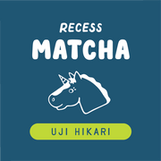 Recess Matcha logo with a unicorn icon and 'Uji Hikari' text on a blue background