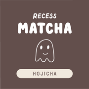Recess Matcha Hojicha packaging with a ghost-like character on a brown background