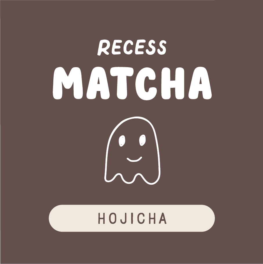 Recess Matcha Hojicha packaging with a ghost-like character on a brown background